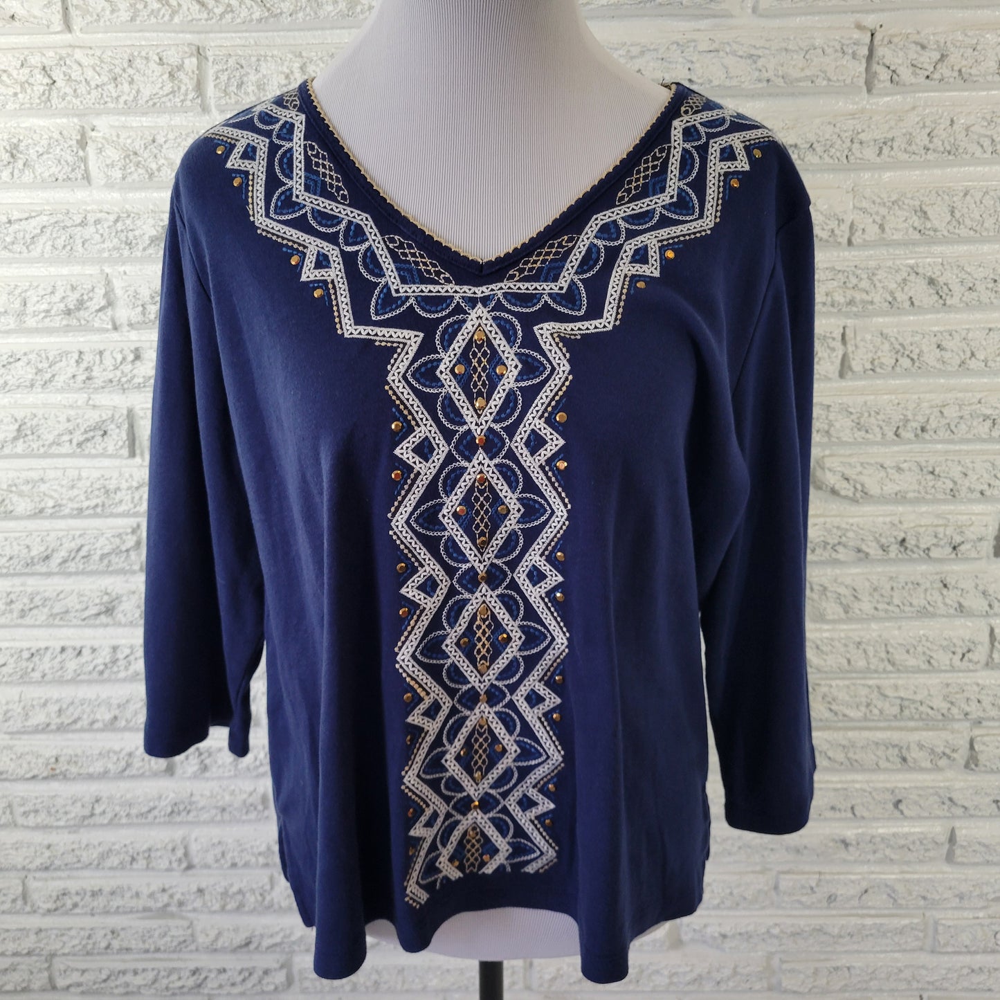 Alfred Dunner Top PXL Petite Blue Embroidered Studded V-Neck 3/4 Sleeve BLU51E