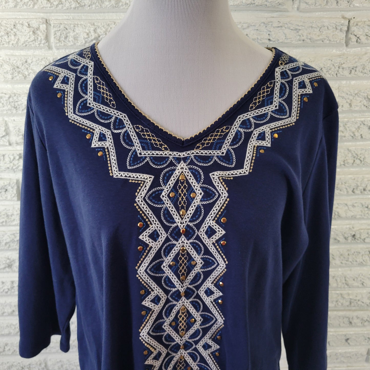Alfred Dunner Top PXL Petite Blue Embroidered Studded V-Neck 3/4 Sleeve BLU51E