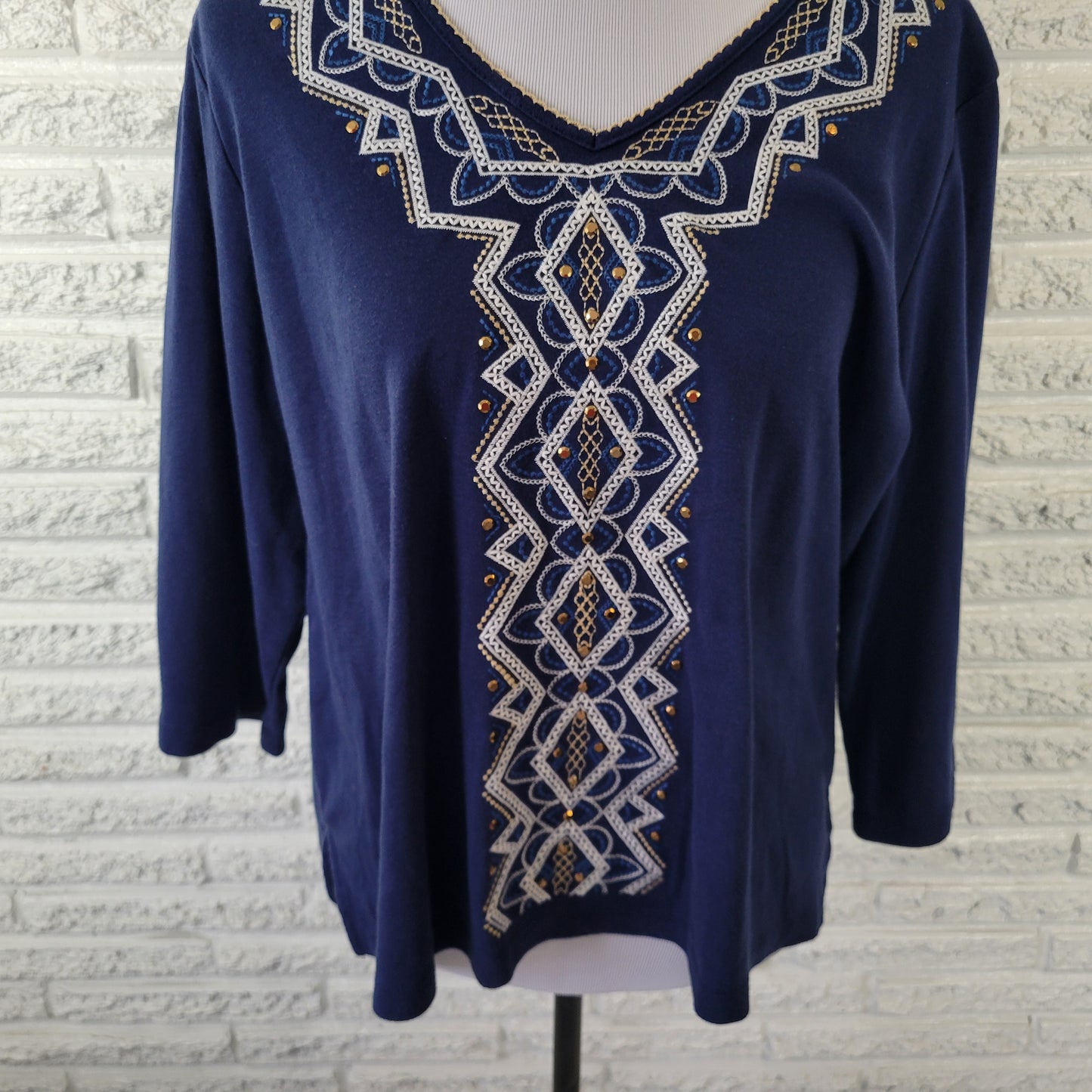 Alfred Dunner Top PXL Petite Blue Embroidered Studded V-Neck 3/4 Sleeve BLU51E