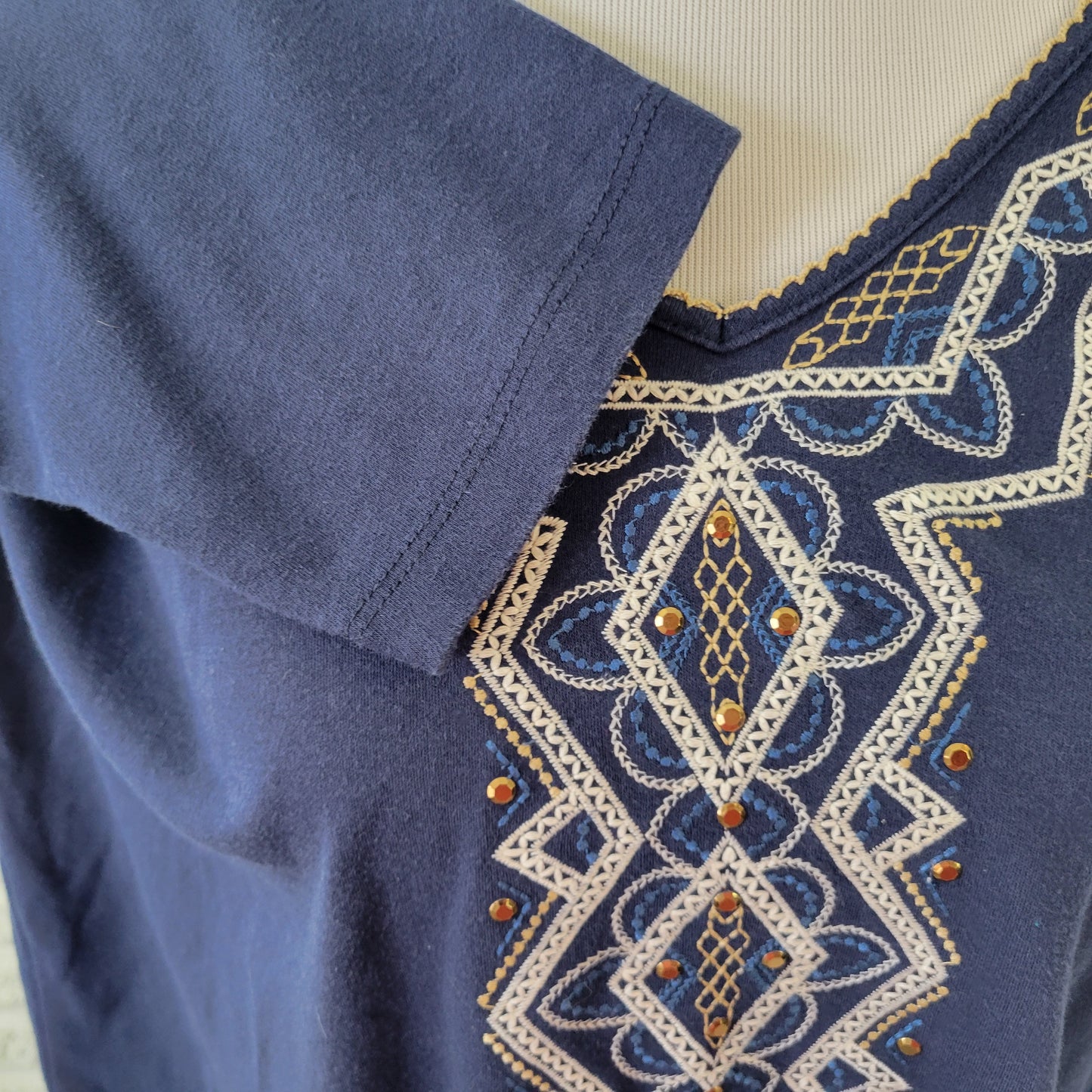 Alfred Dunner Top PXL Petite Blue Embroidered Studded V-Neck 3/4 Sleeve BLU51E