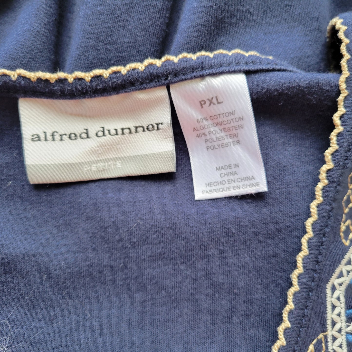 Alfred Dunner Top PXL Petite Blue Embroidered Studded V-Neck 3/4 Sleeve BLU51E