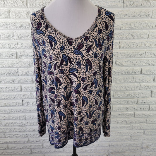 Westport Womens XL Top Blue Purple Paisley Studded V-Neck Knit Blouse PAI50XE