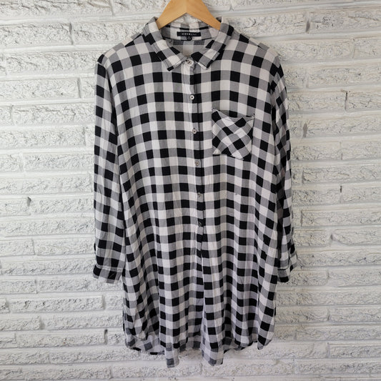 Miss Lili Women's 3X Black White Plaid Button Up Top Roll Tab Sleeve PLA49E