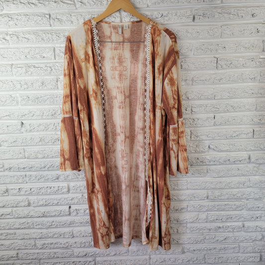 Cato Women's XL Open Cardigan Brown White Tie-Dye Lace Trim Bell Sleeve BRO42E