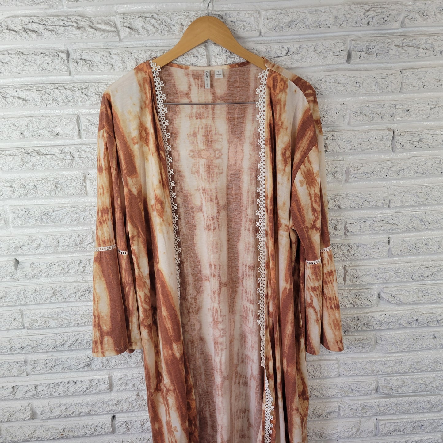 Cato Women's XL Open Cardigan Brown White Tie-Dye Lace Trim Bell Sleeve BRO42E