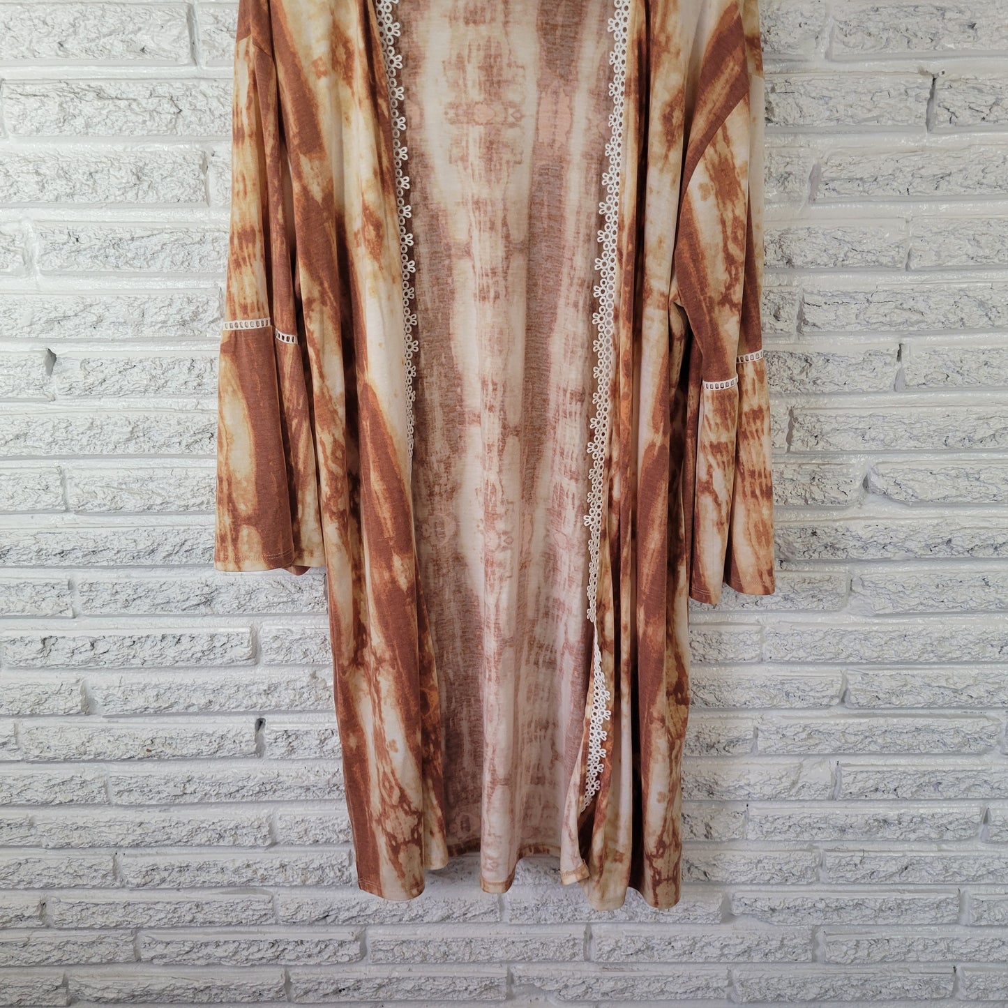 Cato Women's XL Open Cardigan Brown White Tie-Dye Lace Trim Bell Sleeve BRO42E