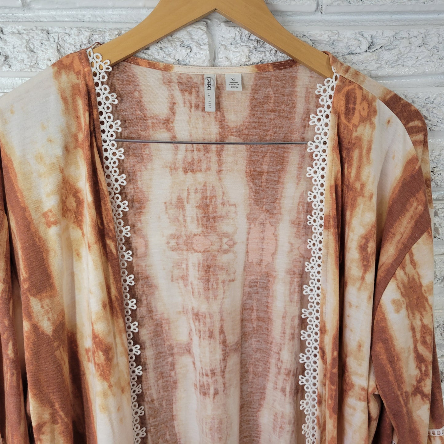 Cato Women's XL Open Cardigan Brown White Tie-Dye Lace Trim Bell Sleeve BRO42E