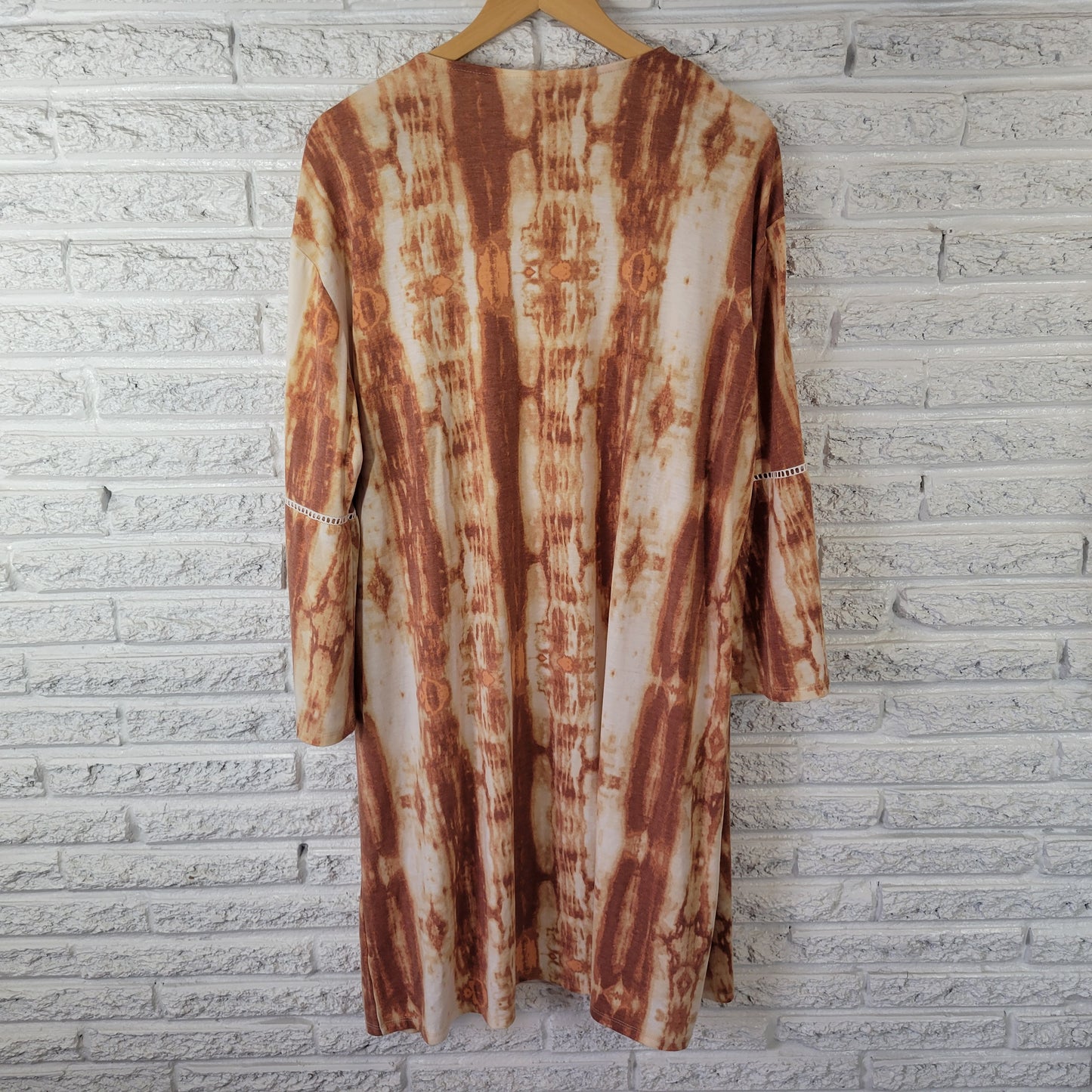 Cato Women's XL Open Cardigan Brown White Tie-Dye Lace Trim Bell Sleeve BRO42E