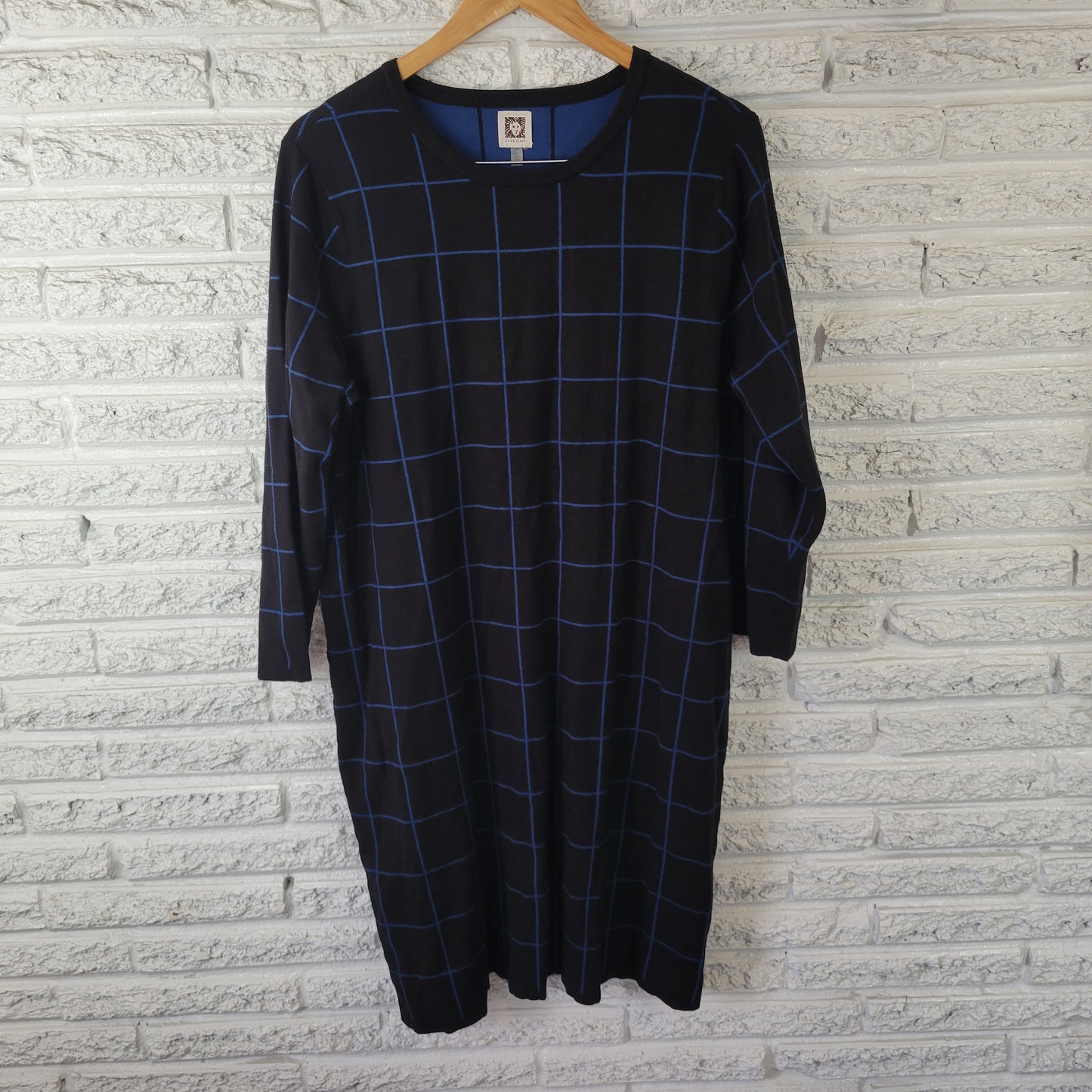 Anne Klein Women's 2X Dress Black Blue Plaid Knit Long Sleeve Plus Size PLA34E