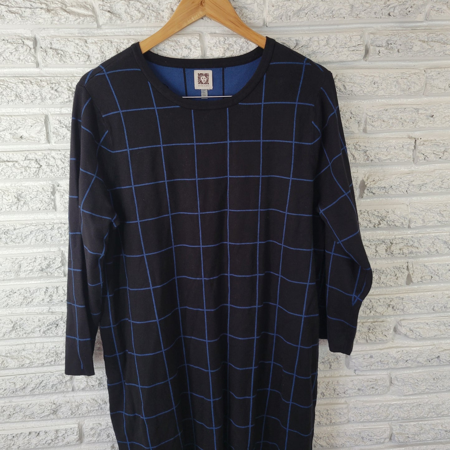 Anne Klein Women's 2X Dress Black Blue Plaid Knit Long Sleeve Plus Size PLA34E