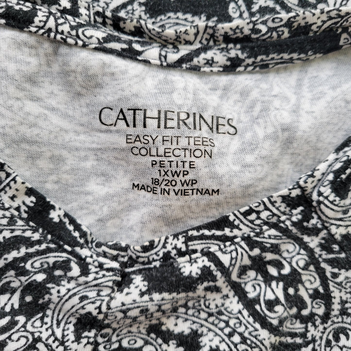 Catherines Women’s 1XWP Tee Black White Paisley Cotton Petite PAI39E