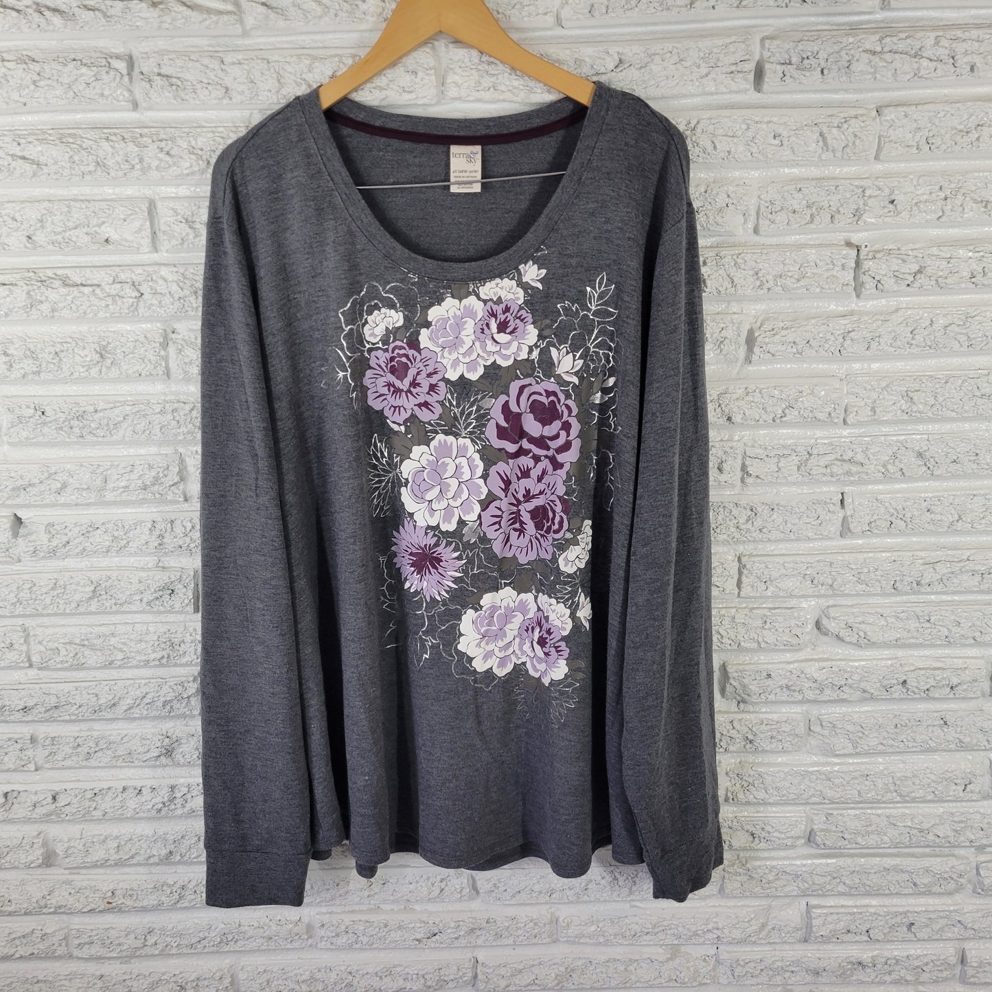 Terra & Sky Women's 4X Sweatshirt Gray Purple Floral Crew Neck Pullover FLO108XE