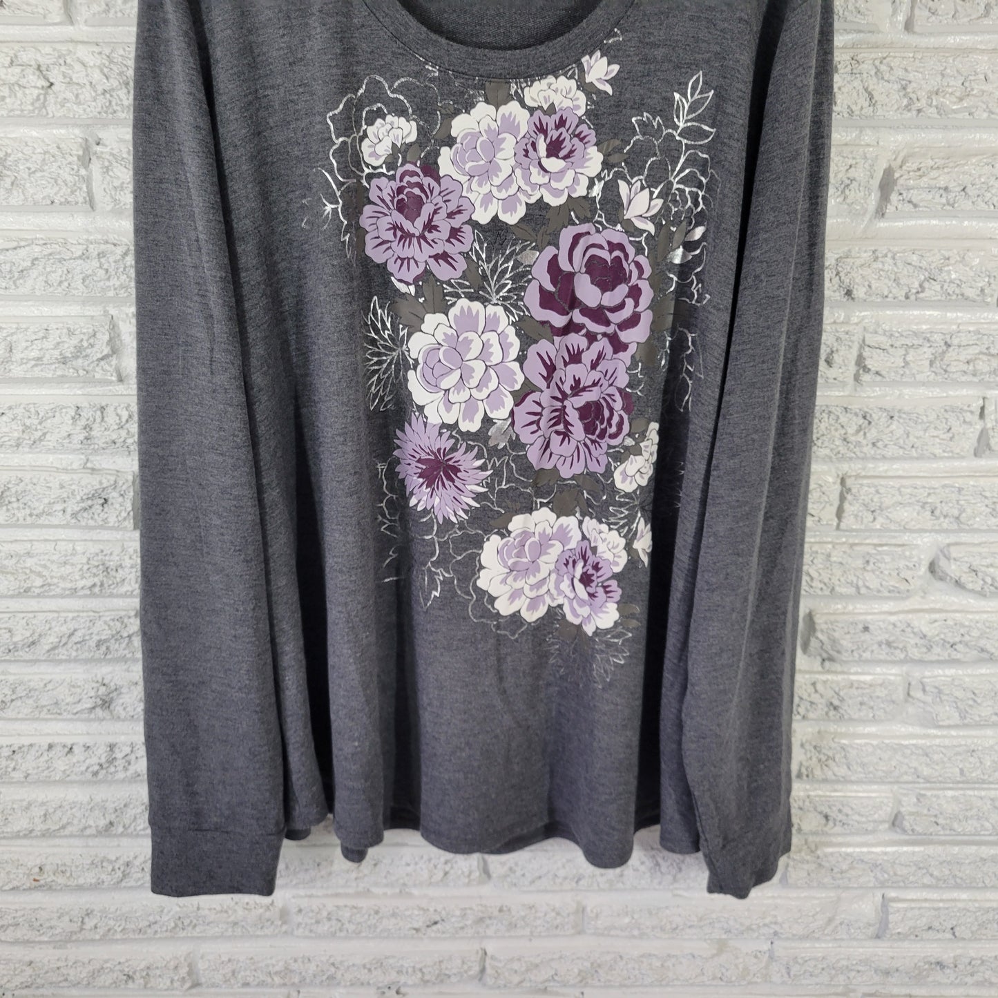 Terra & Sky Women's 4X Sweatshirt Gray Purple Floral Crew Neck Pullover FLO108XE