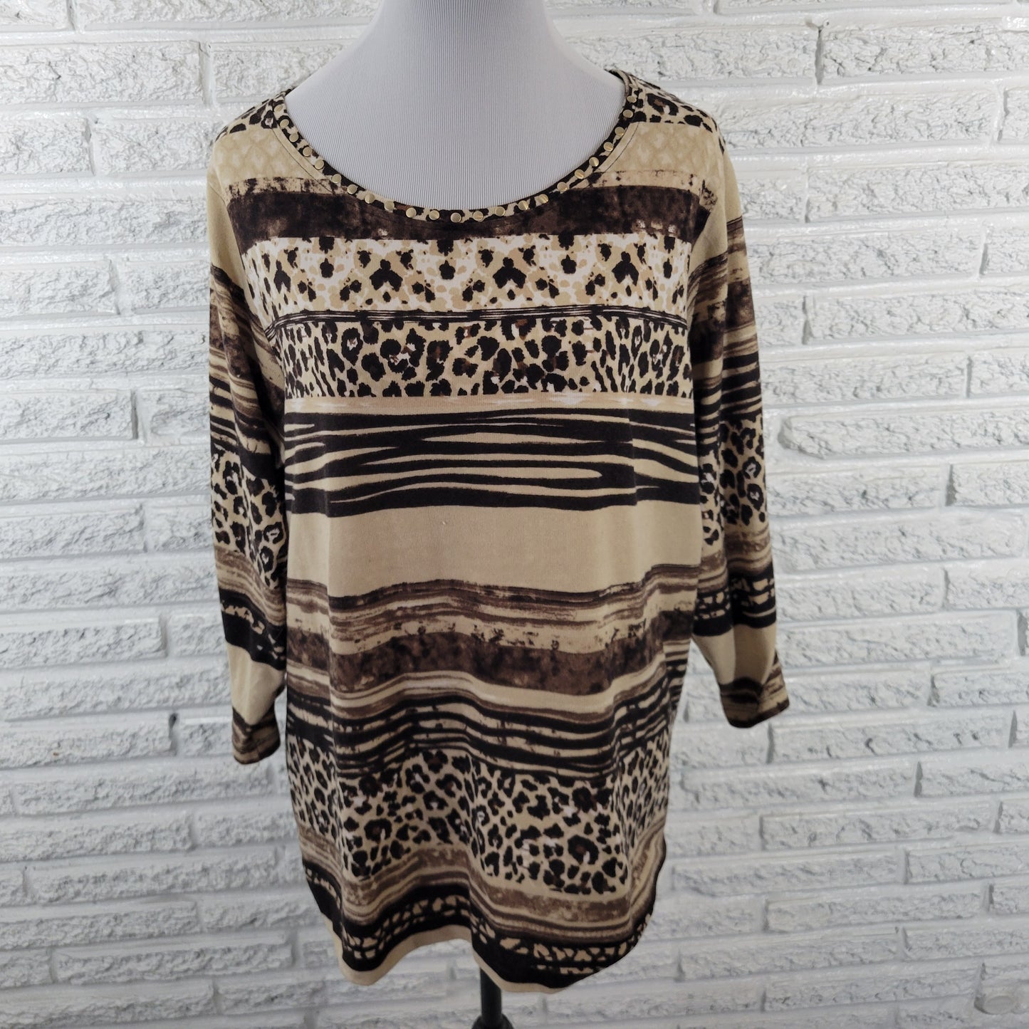 Allison Daley Women’s Plus Size XL Top Brown Animal Print Studded ANI48E