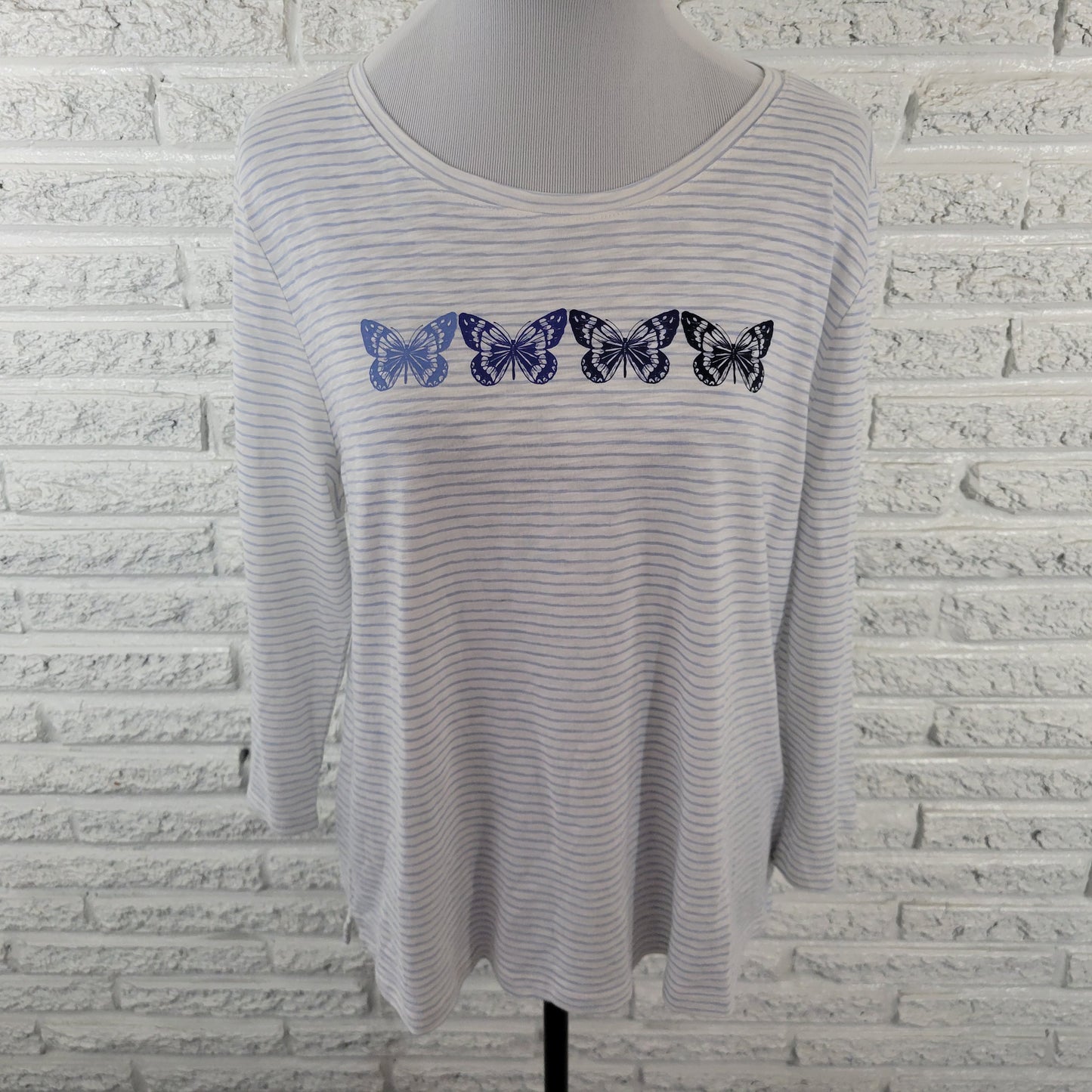 Talbots Women’s XLP Petite Tee Blue White Stripe 3/4 Sleeve Butterflies C23E