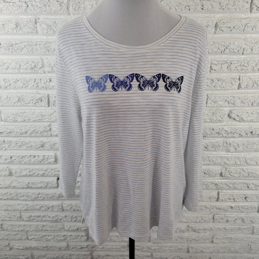 Talbots Women’s XLP Petite Tee Blue White Stripe 3/4 Sleeve Butterflies C23E