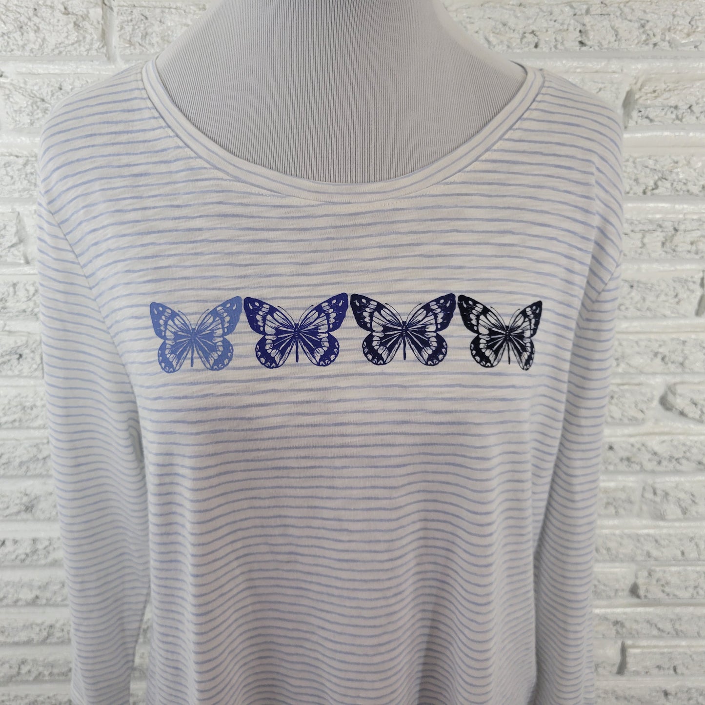 Talbots Women’s XLP Petite Tee Blue White Stripe 3/4 Sleeve Butterflies C23E