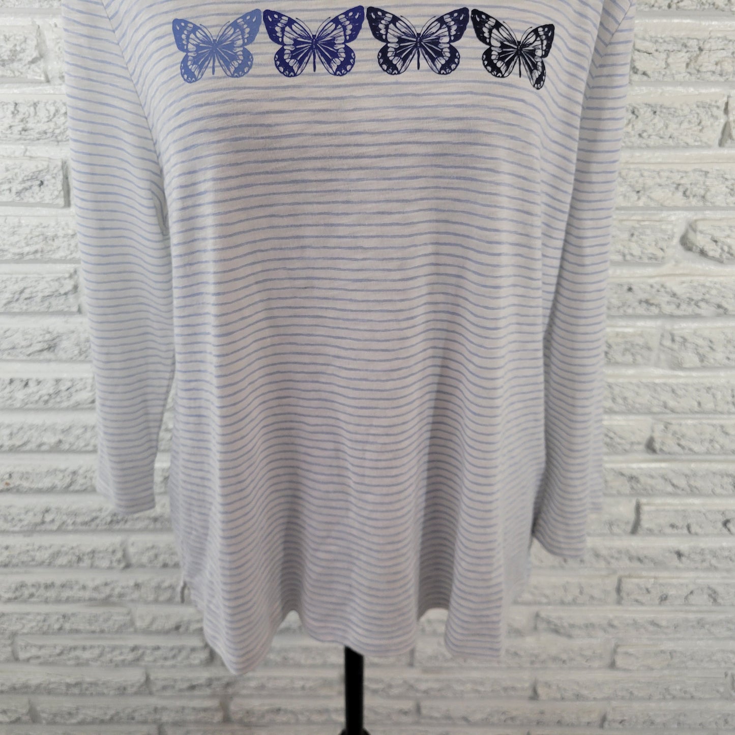Talbots Women’s XLP Petite Tee Blue White Stripe 3/4 Sleeve Butterflies C23E
