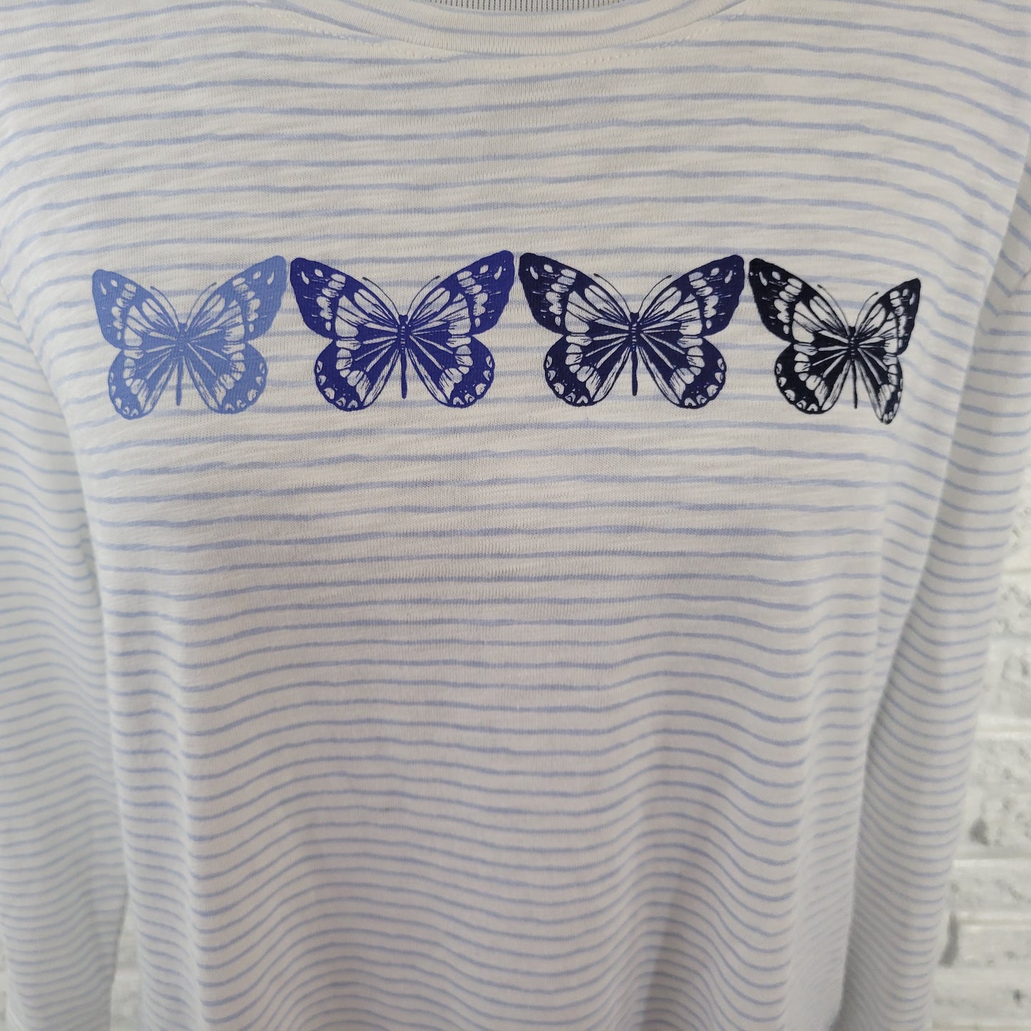 Talbots Women’s XLP Petite Tee Blue White Stripe 3/4 Sleeve Butterflies C23E