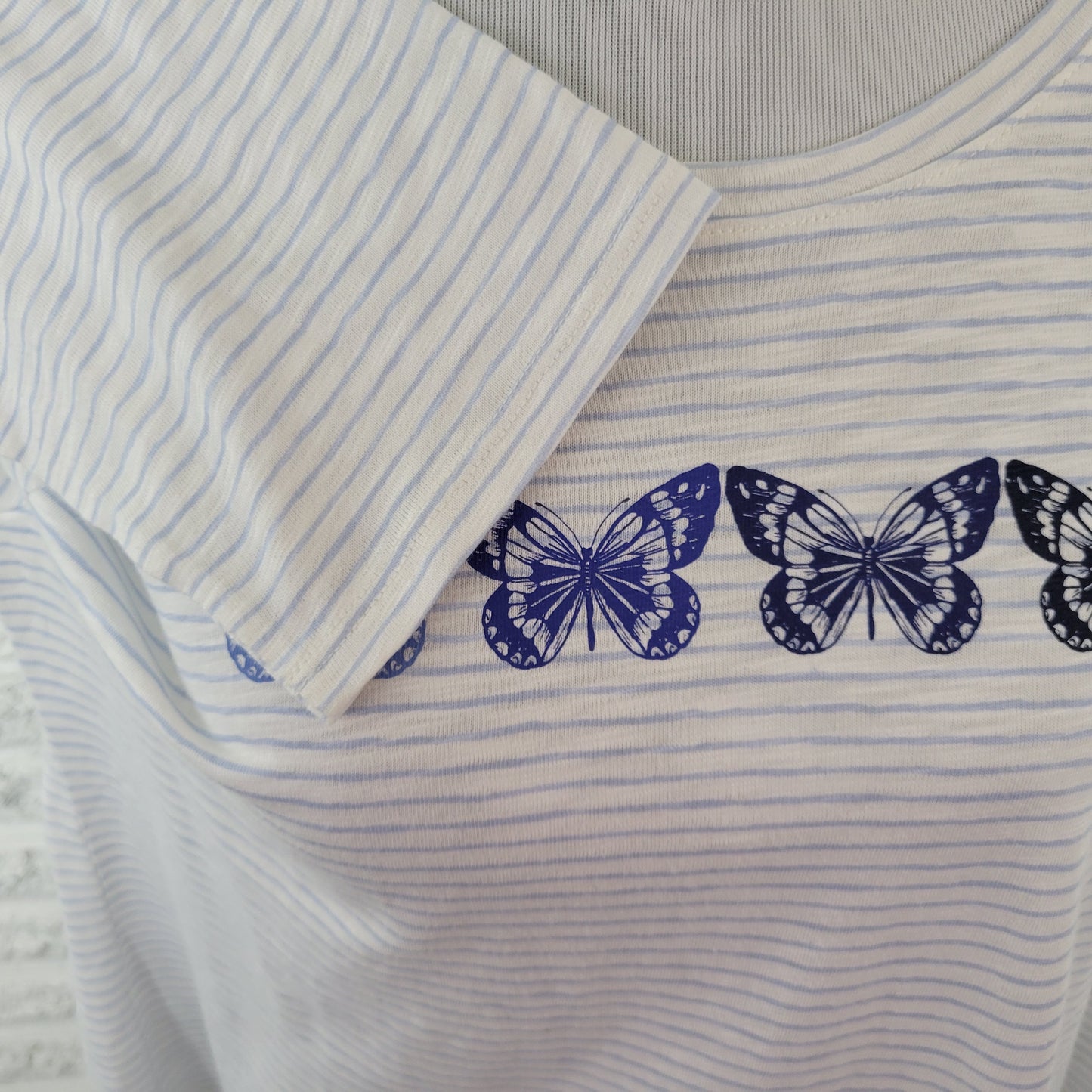 Talbots Women’s XLP Petite Tee Blue White Stripe 3/4 Sleeve Butterflies C23E