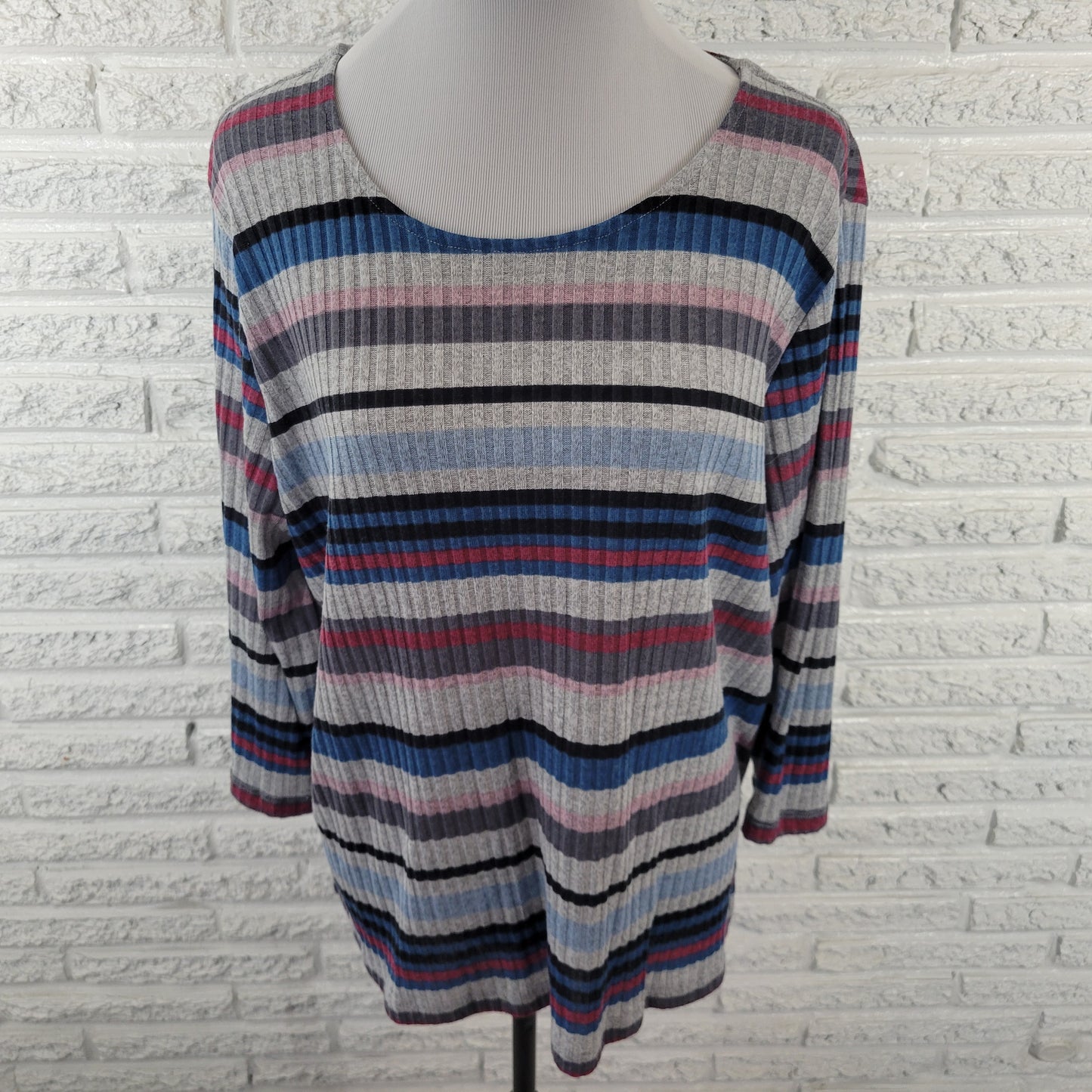 Alfred Dunner Women's XL Sweater Multicolor Striped 3/4 Sleeve Knit STR121XE