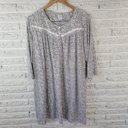 Aria Women's XL Nightgown Black Floral Cotton Blend 3/4 Sleeve Ribbon FLO218E