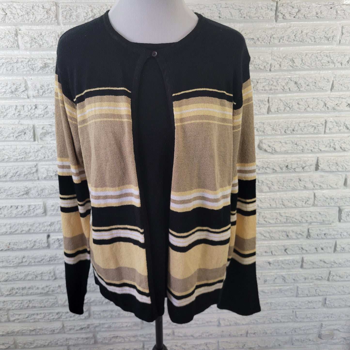Sag Harbor XL Open Cardigan Sweater Black Tan Stripe One Button STR71E