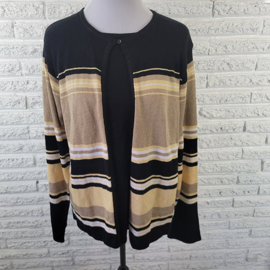 Sag Harbor XL Open Cardigan Sweater Black Tan Stripe One Button STR71E