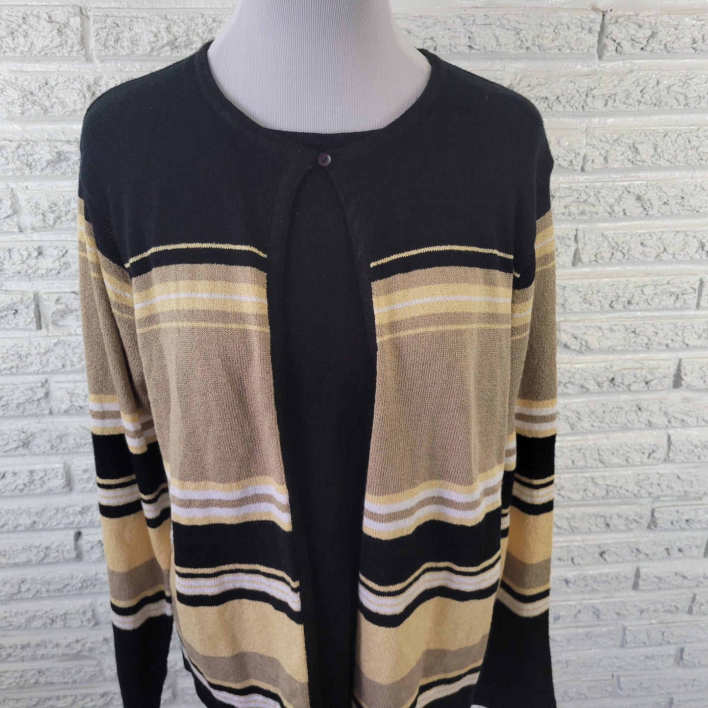 Sag Harbor XL Open Cardigan Sweater Black Tan Stripe One Button STR71E