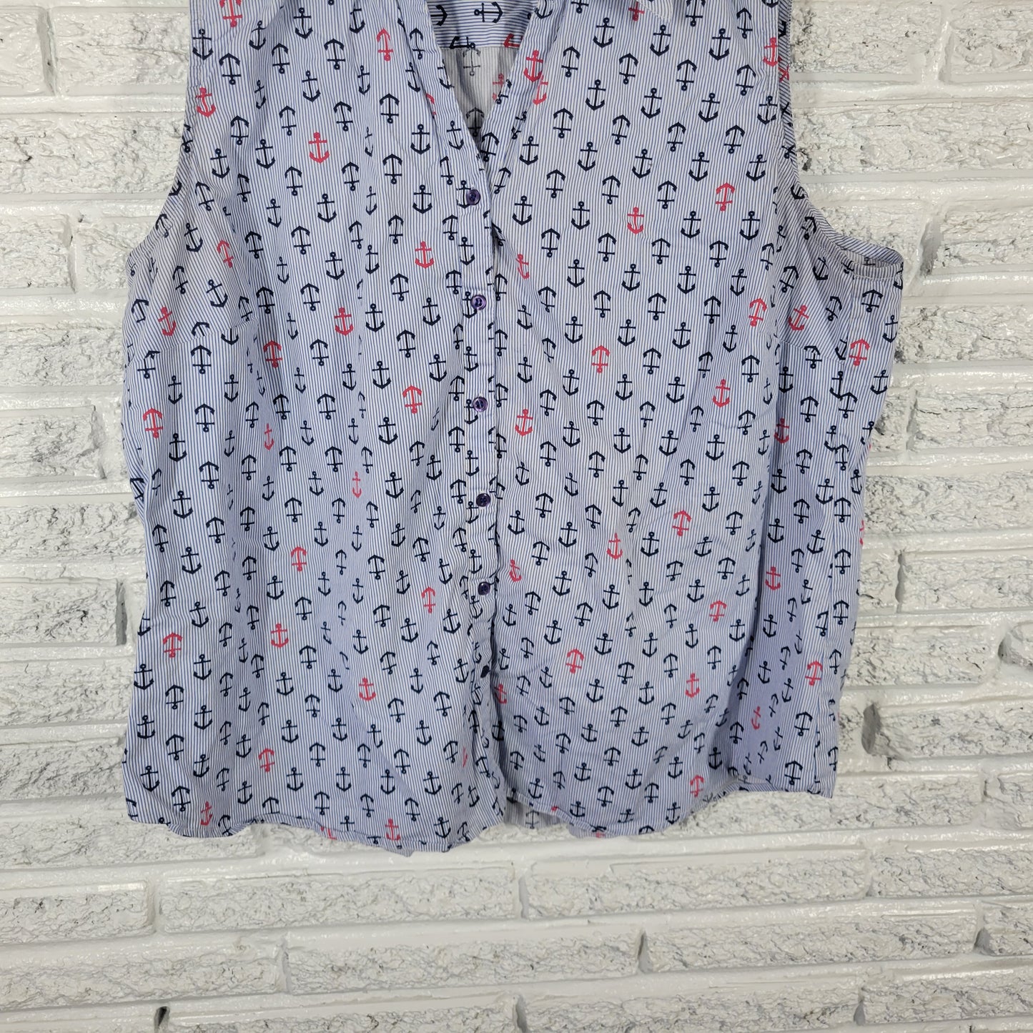 Rebecca Malone Women 1X Top Blue Striped Anchor Nautical Sleeveless A8E