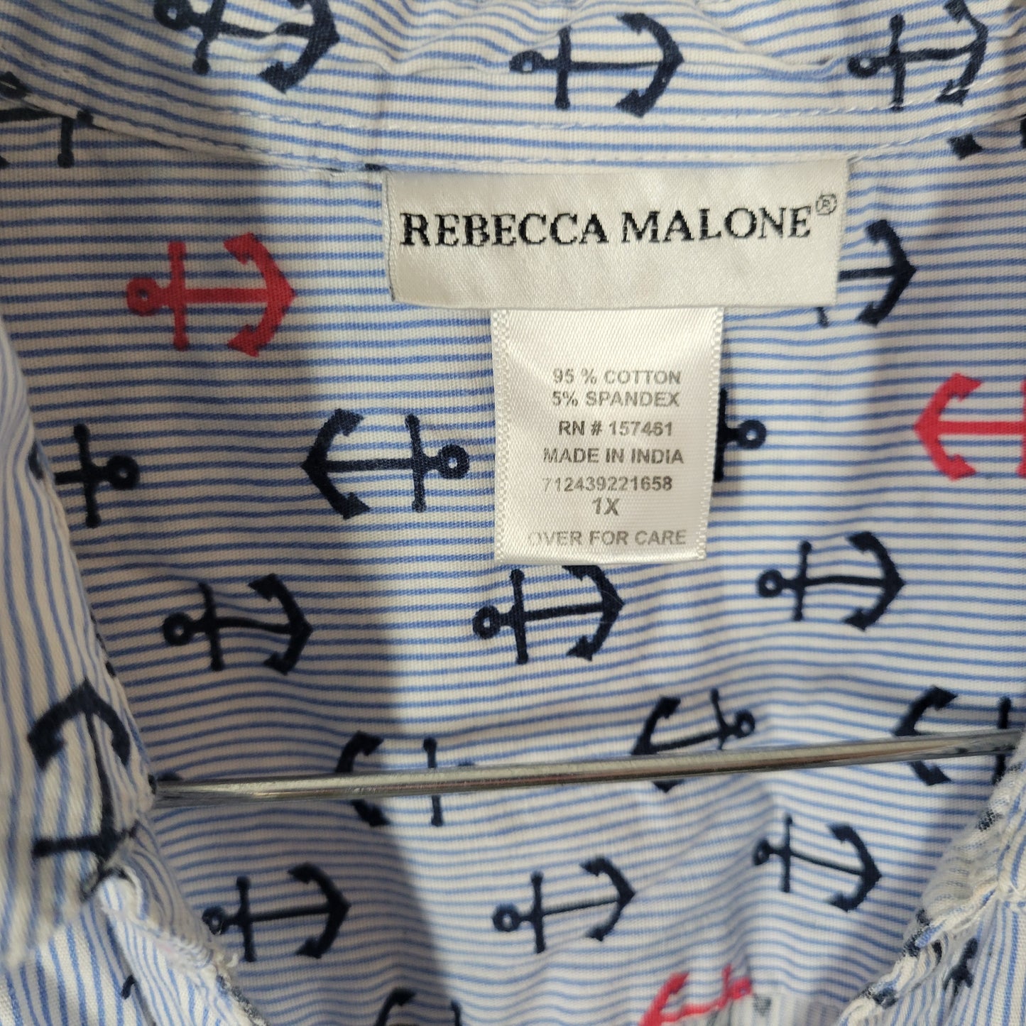 Rebecca Malone Women 1X Top Blue Striped Anchor Nautical Sleeveless A8E