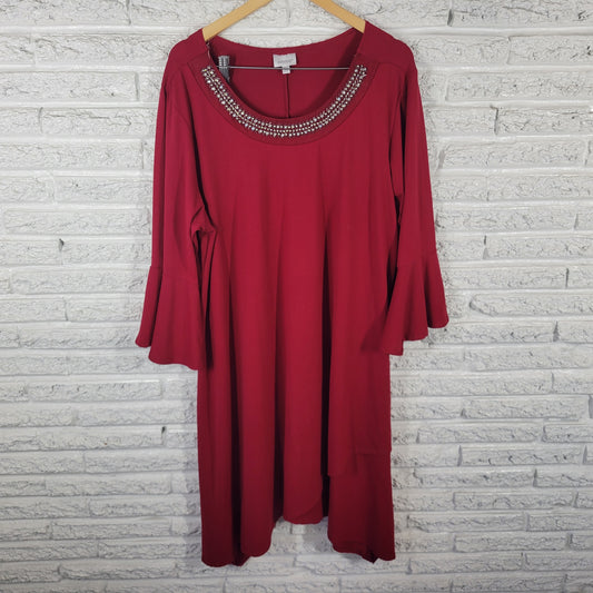 Avenue Women 22/24 High-Low Dress Red Rhinestone Bell Sleeve Stretch RED6E