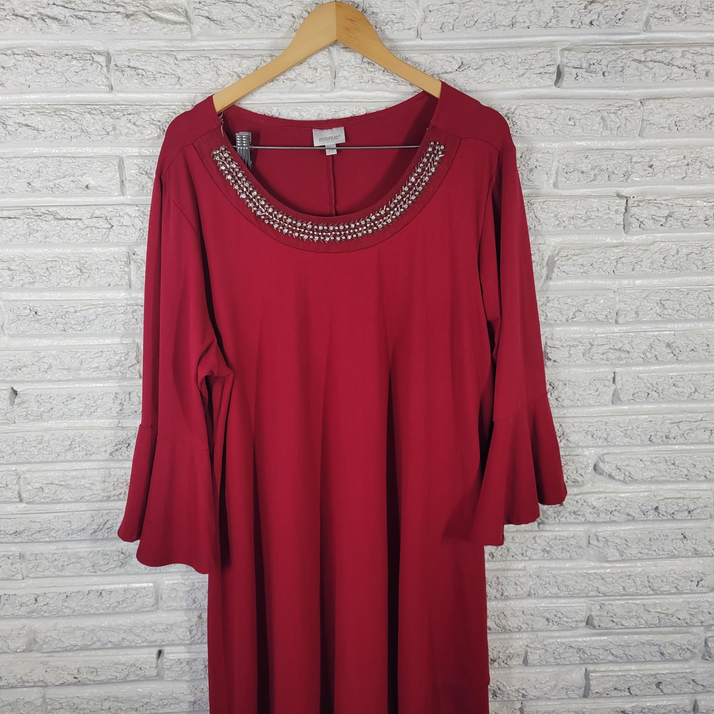 Avenue Women 22/24 High-Low Dress Red Rhinestone Bell Sleeve Stretch RED6E