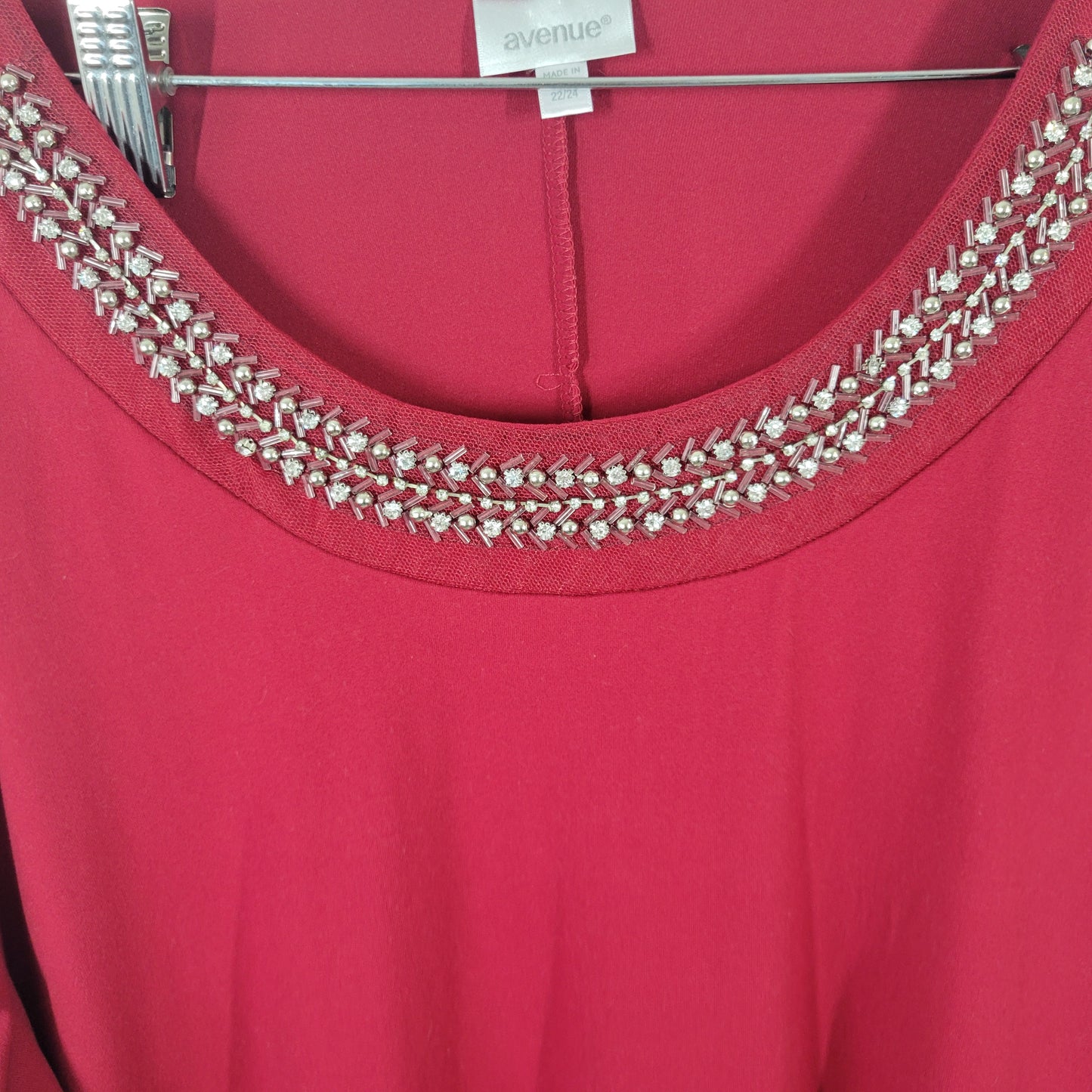 Avenue Women 22/24 High-Low Dress Red Rhinestone Bell Sleeve Stretch RED6E
