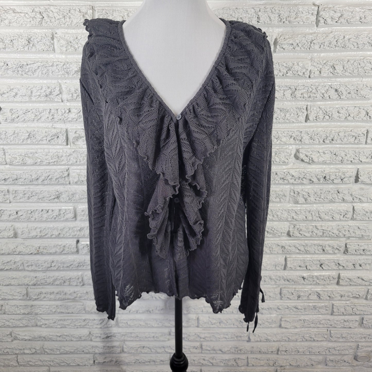 Loft Women XL Cardigan Sweater Gray Open Knit V-Neck Ruffle Long Sleeve GRA97E