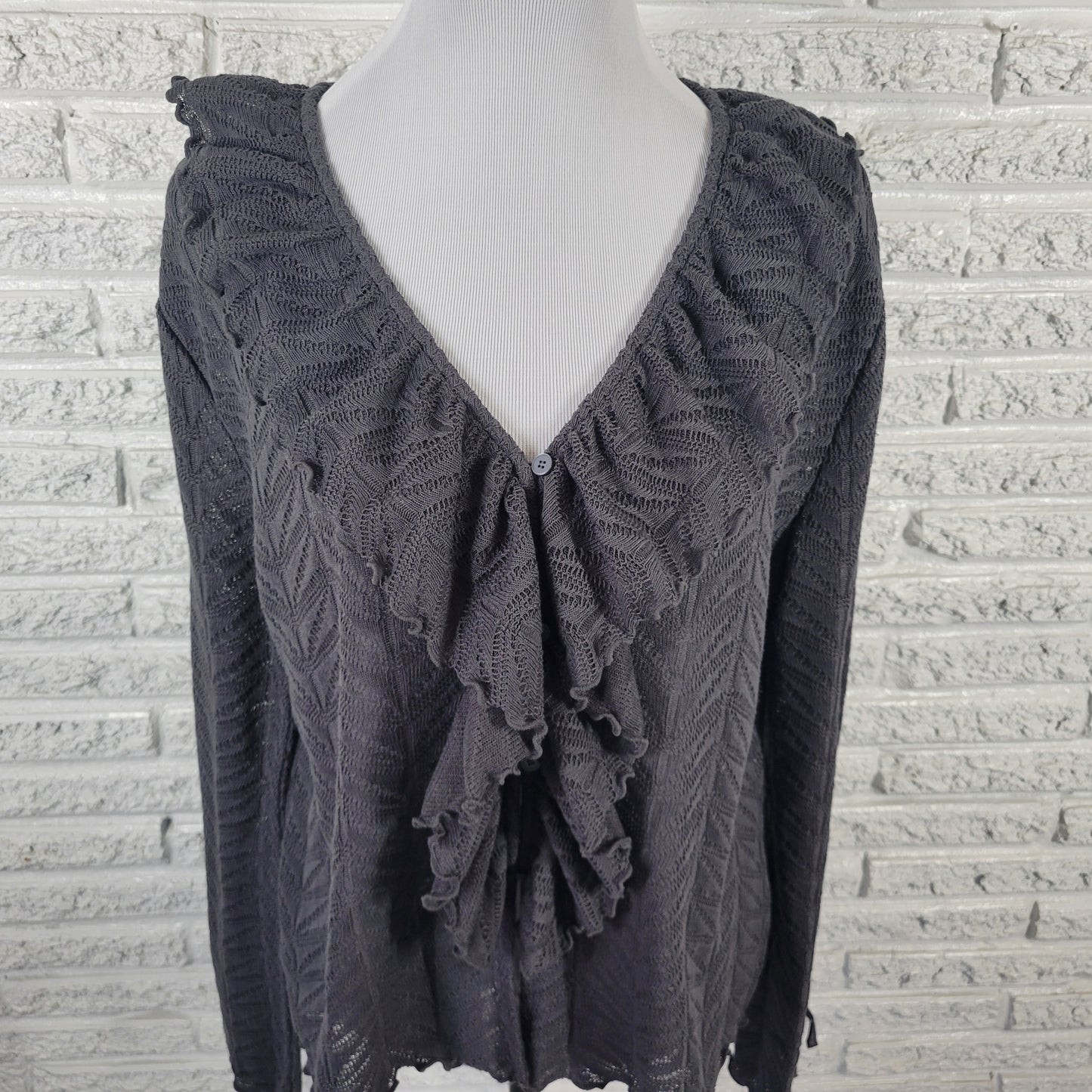 Loft Women XL Cardigan Sweater Gray Open Knit V-Neck Ruffle Long Sleeve GRA97E