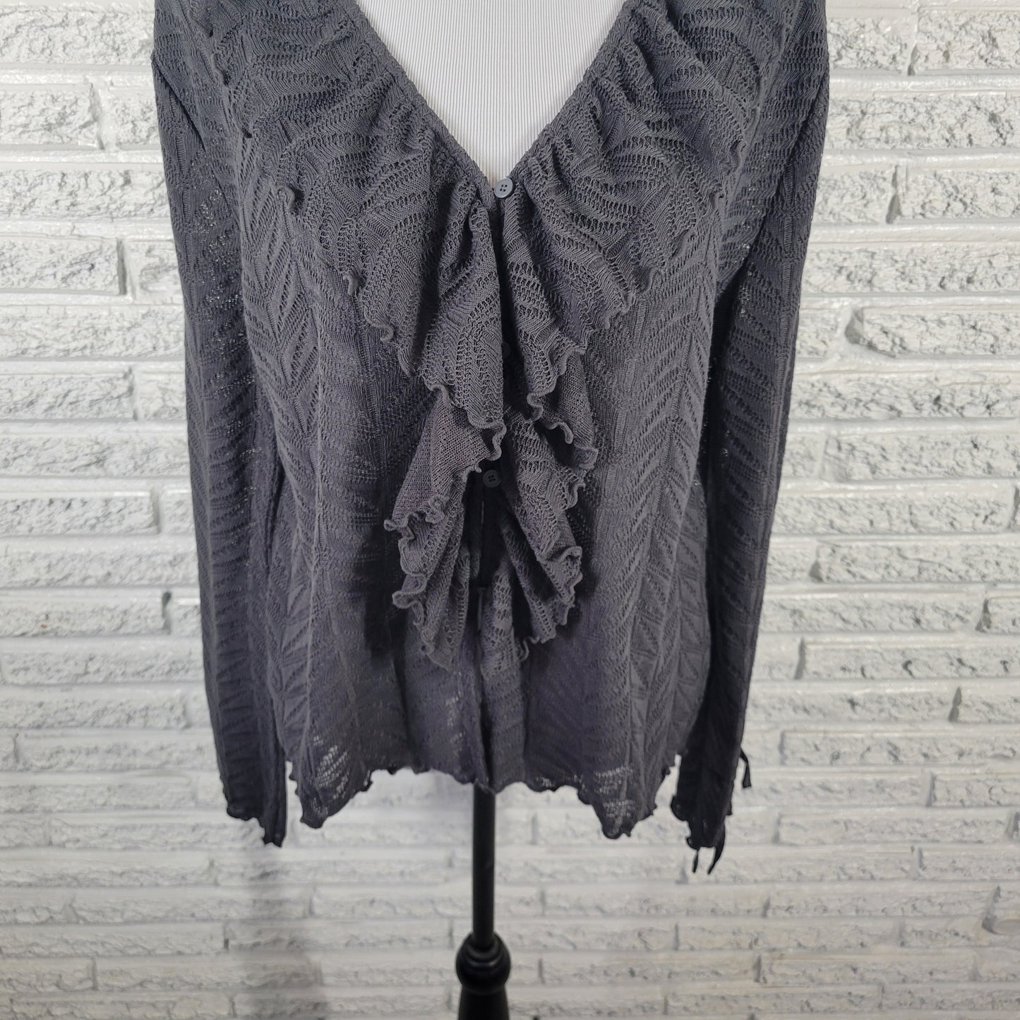 Loft Women XL Cardigan Sweater Gray Open Knit V-Neck Ruffle Long Sleeve GRA97E