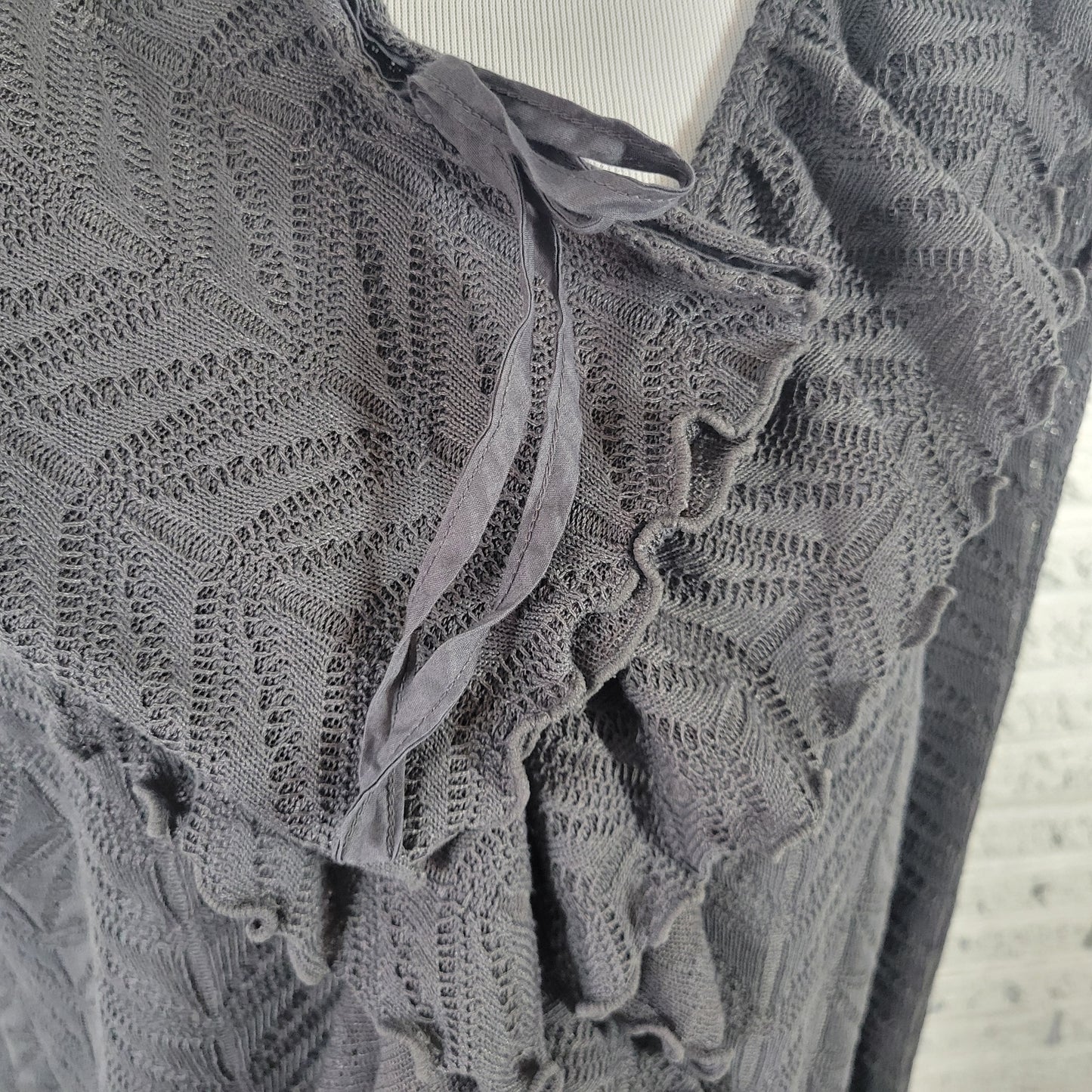 Loft Women XL Cardigan Sweater Gray Open Knit V-Neck Ruffle Long Sleeve GRA97E