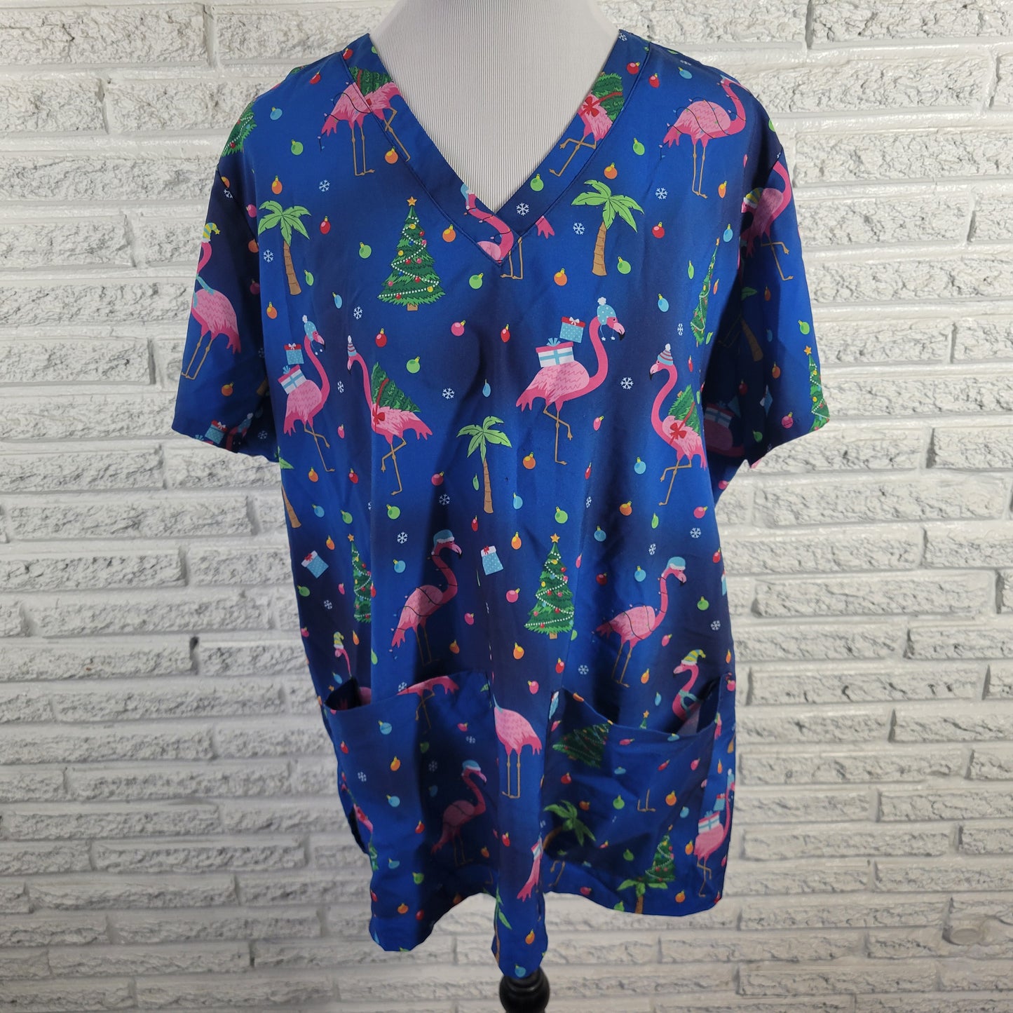 Ava Therese Zarate 2XL Scrub Top Christmas Blue Flamingo Unisex V-Neck NOV88E