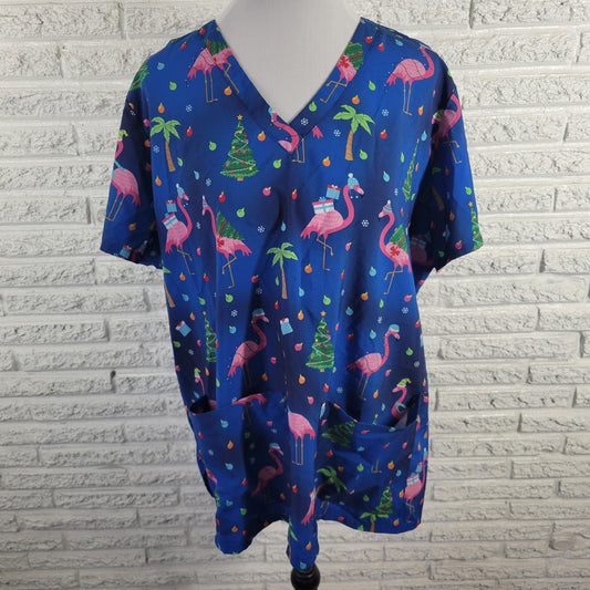 Ava Therese Zarate 2XL Scrub Top Christmas Blue Flamingo Unisex V-Neck NOV88E