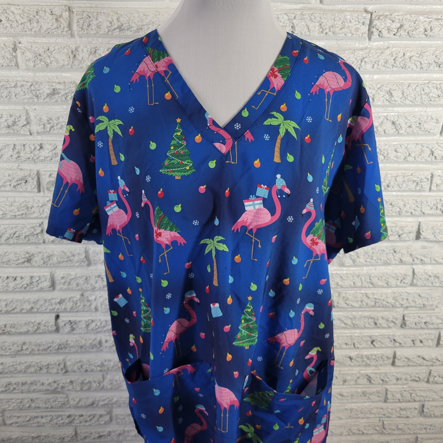Ava Therese Zarate 2XL Scrub Top Christmas Blue Flamingo Unisex V-Neck NOV88E