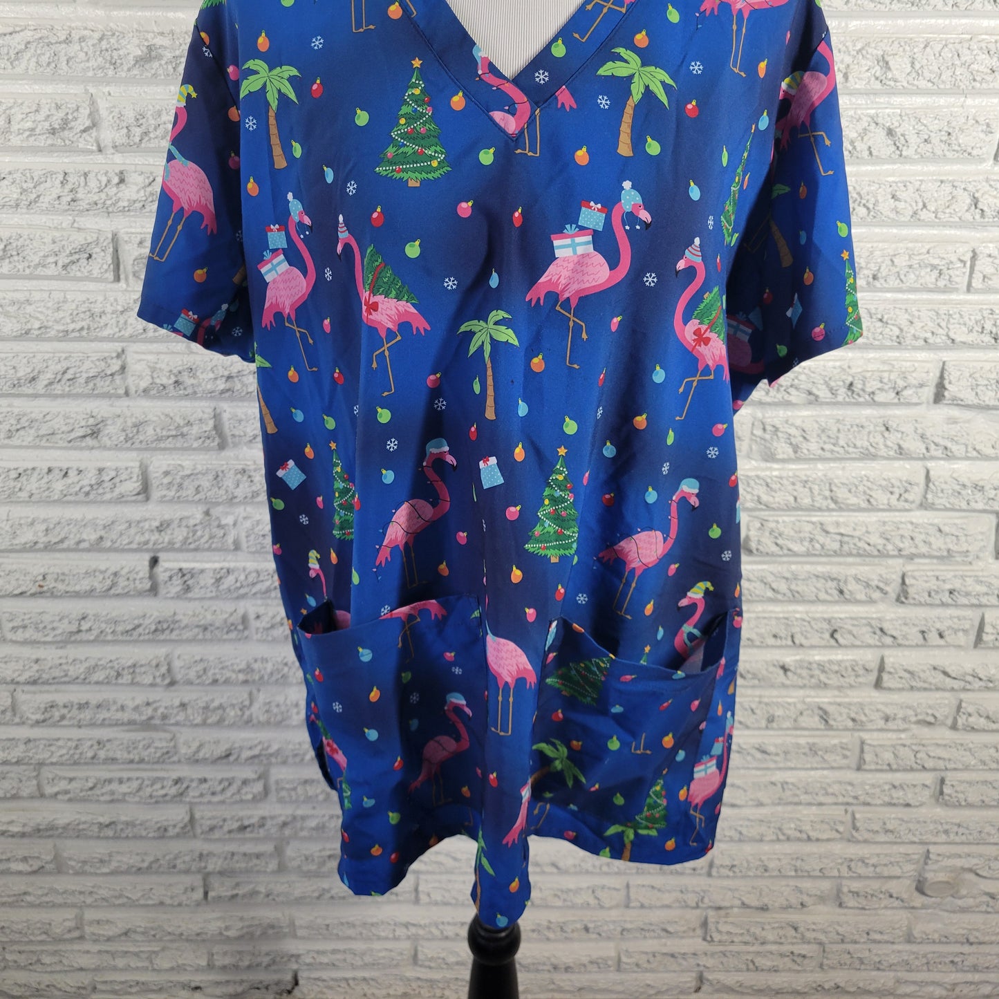 Ava Therese Zarate 2XL Scrub Top Christmas Blue Flamingo Unisex V-Neck NOV88E