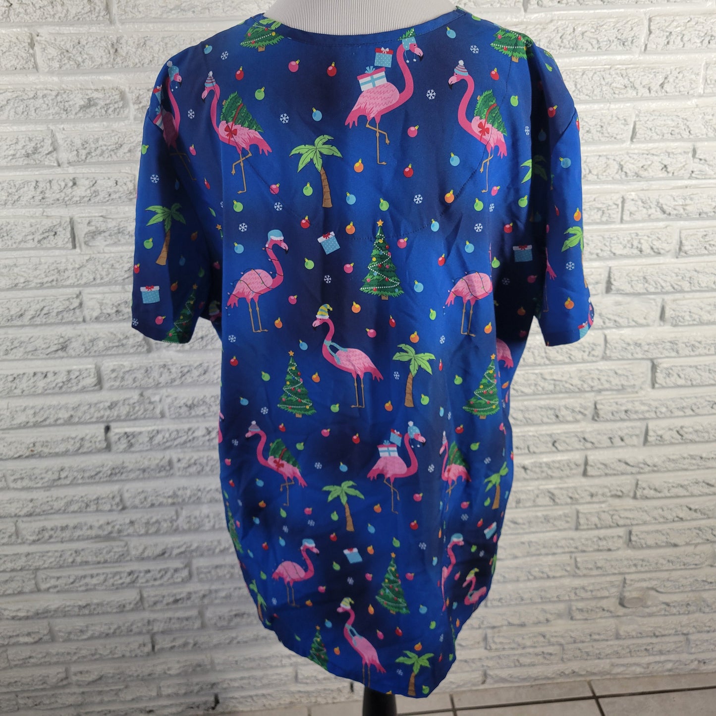 Ava Therese Zarate 2XL Scrub Top Christmas Blue Flamingo Unisex V-Neck NOV88E