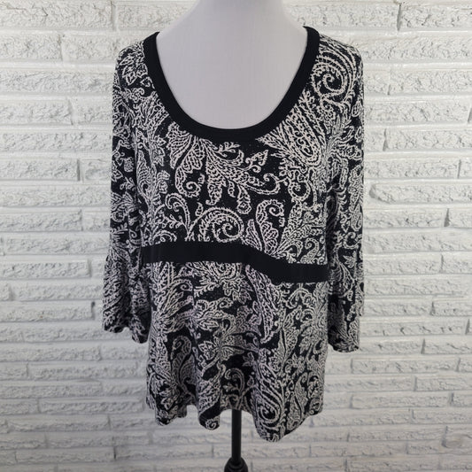 Rafaella Women 2X Top Black White Paisley Bell Sleeve 3/4 Sleeve PAI51E