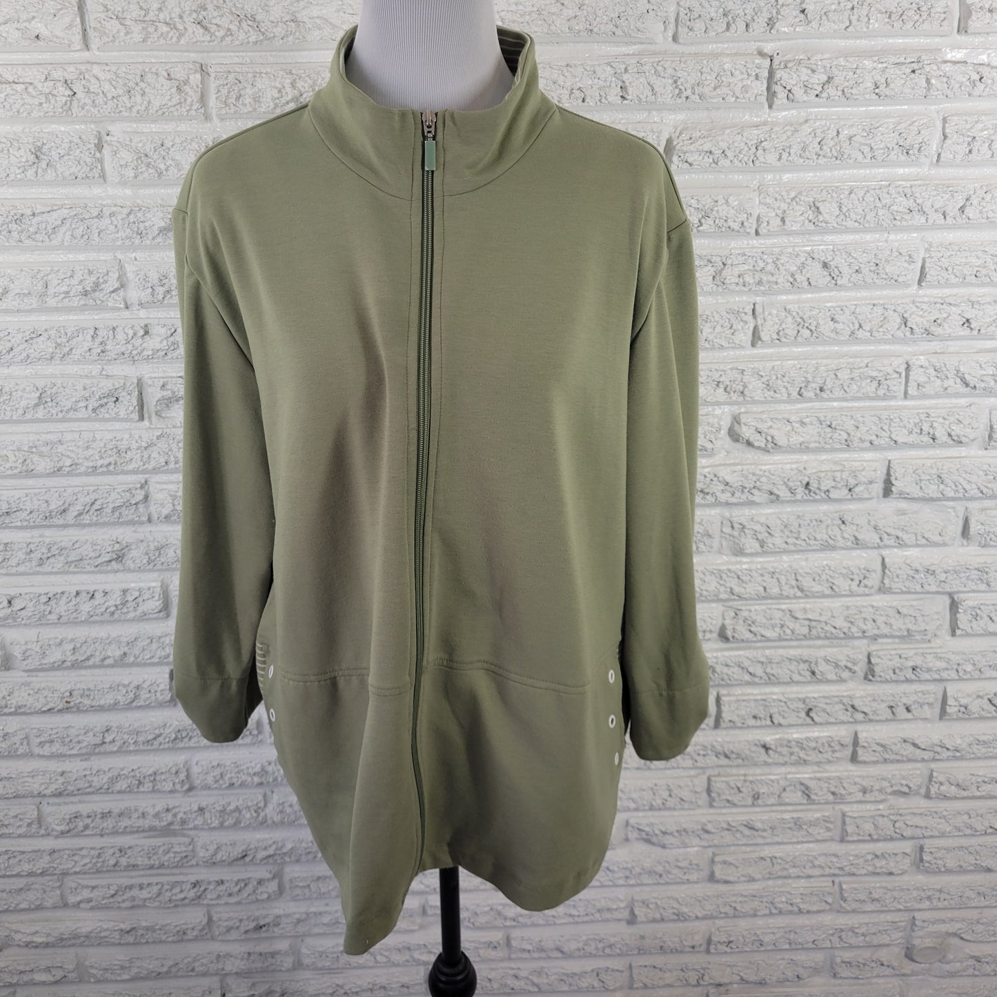Allison Daley Women XL Jacket Green Full Zip Roll Tab Sleeve High Neck SWE32E