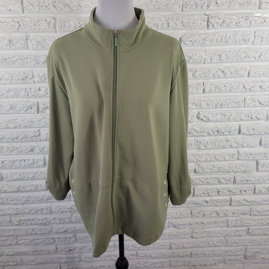 Allison Daley Women XL Jacket Green Full Zip Roll Tab Sleeve High Neck SWE32E
