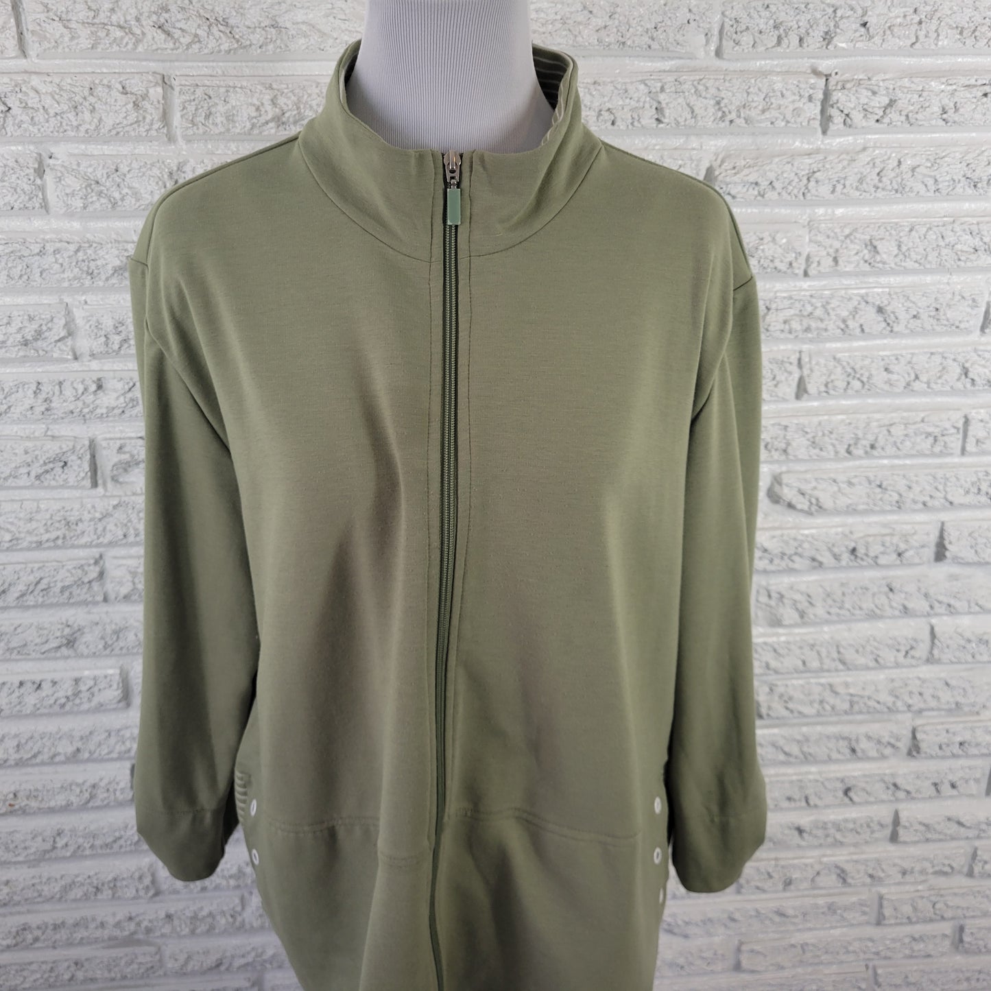 Allison Daley Women XL Jacket Green Full Zip Roll Tab Sleeve High Neck SWE32E