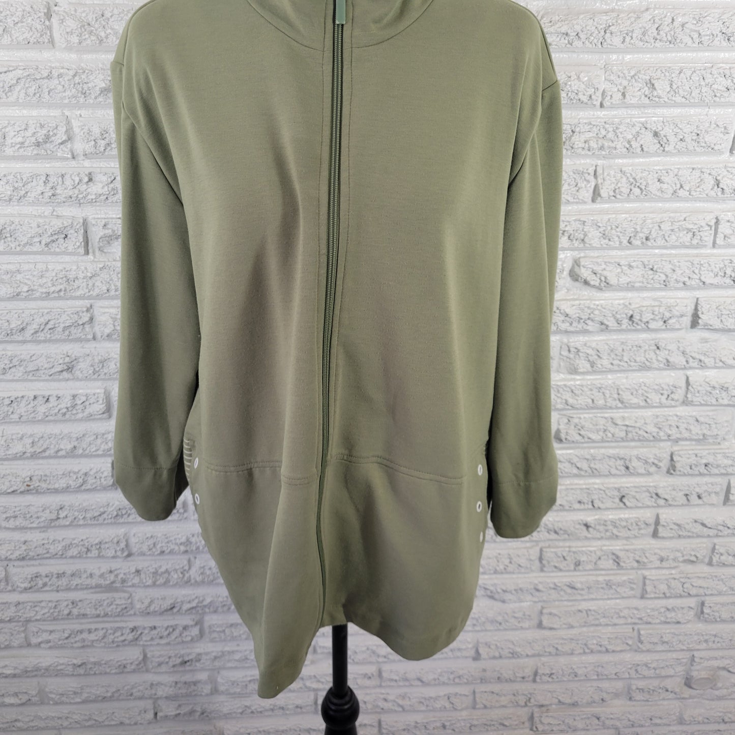 Allison Daley Women XL Jacket Green Full Zip Roll Tab Sleeve High Neck SWE32E