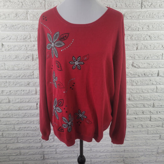 Alfred Dunner Women's Sweater 2X Red Sequin Embroidered Knit Plus Size RED45E