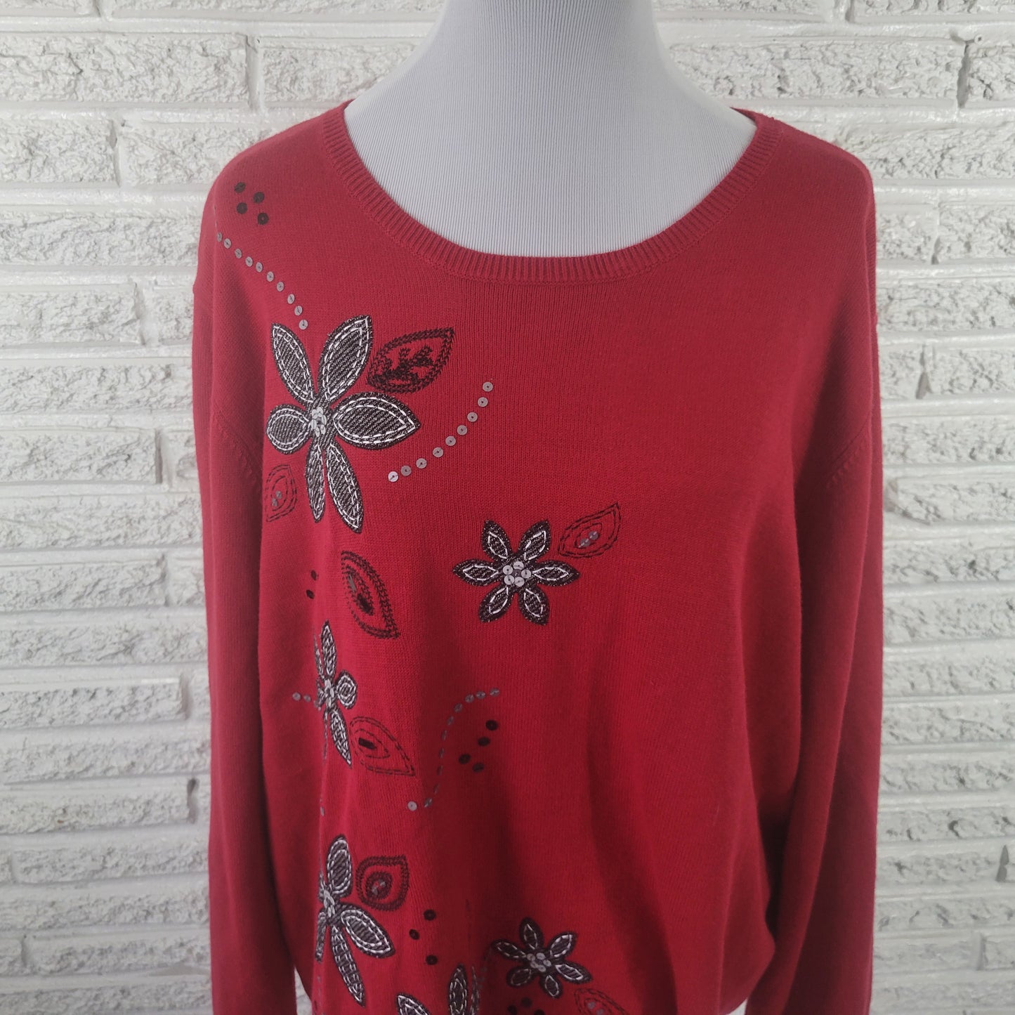Alfred Dunner Women's Sweater 2X Red Sequin Embroidered Knit Plus Size RED45E